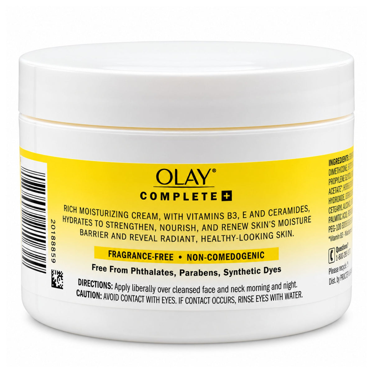 Back view of a 241g tub of Olay Complete+ Rich Moisturizing Cream Sensitive Fragrance-Free showing product details and directions