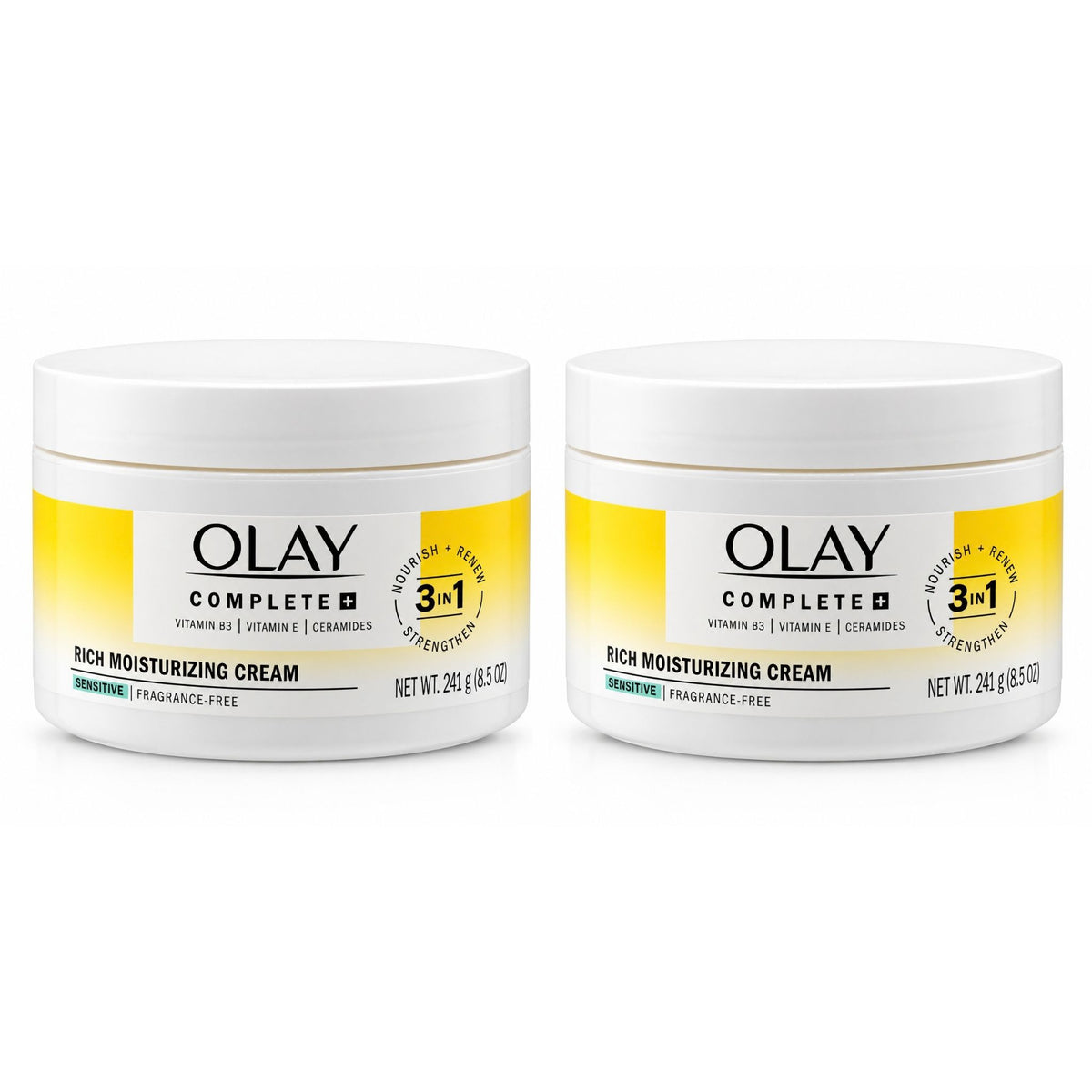 Pack of two 241g tubs of Olay Complete+ Rich Moisturizing Cream Sensitive Fragrance-Free