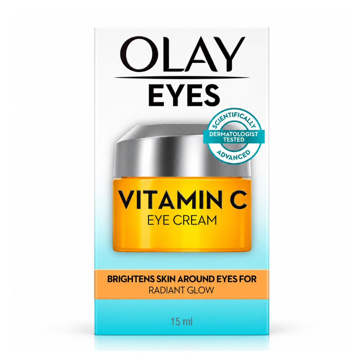 Olay Eyes Vitamin C Eye Cream 15 ml packaging box, featuring a graphic of the orange and silver eye cream jar on a white, light blue, and orange background.