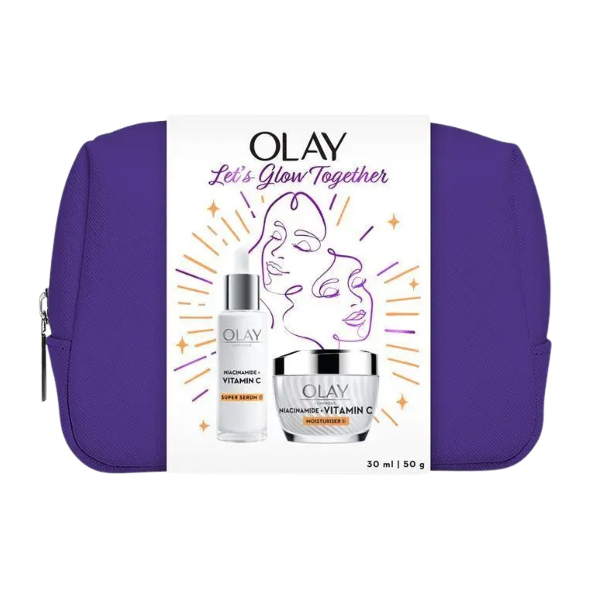 Olay skincare set with a purple bag on a white background