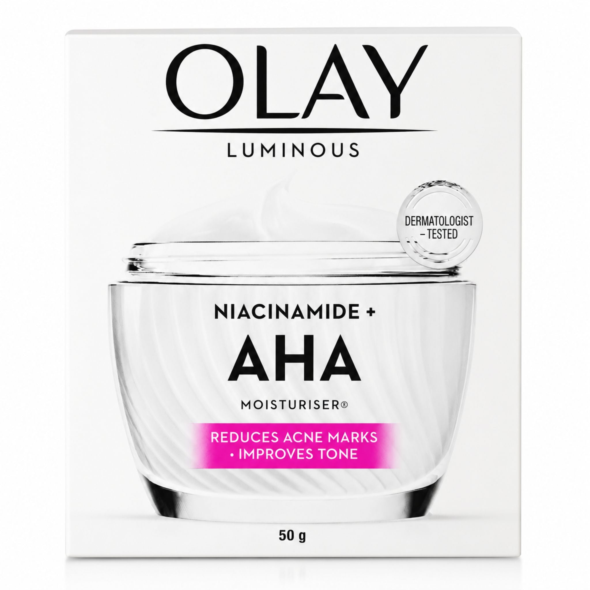 Olay Luminous Niacinamide + AHA Moisturiser 50g box packaging, featuring a white background with a clear jar graphic and a pink accent banner.