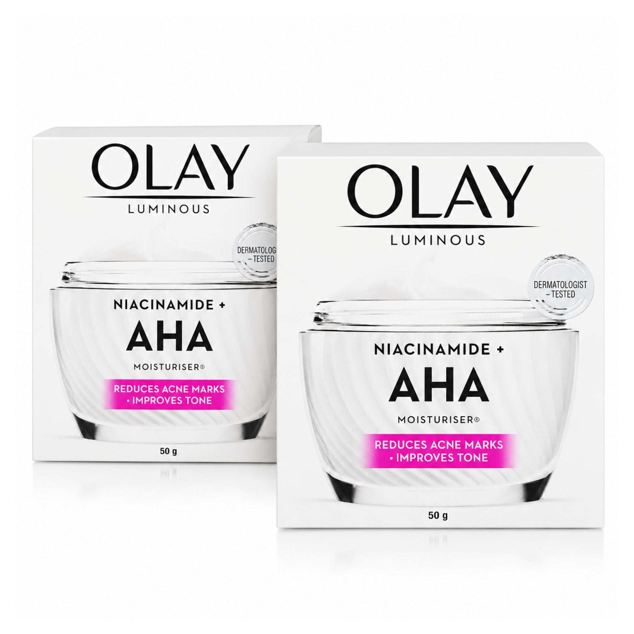 Two Olay Luminous Niacinamide + AHA Moisturiser 50 g boxes shown on a clean white background, with one box in front and one behind it.