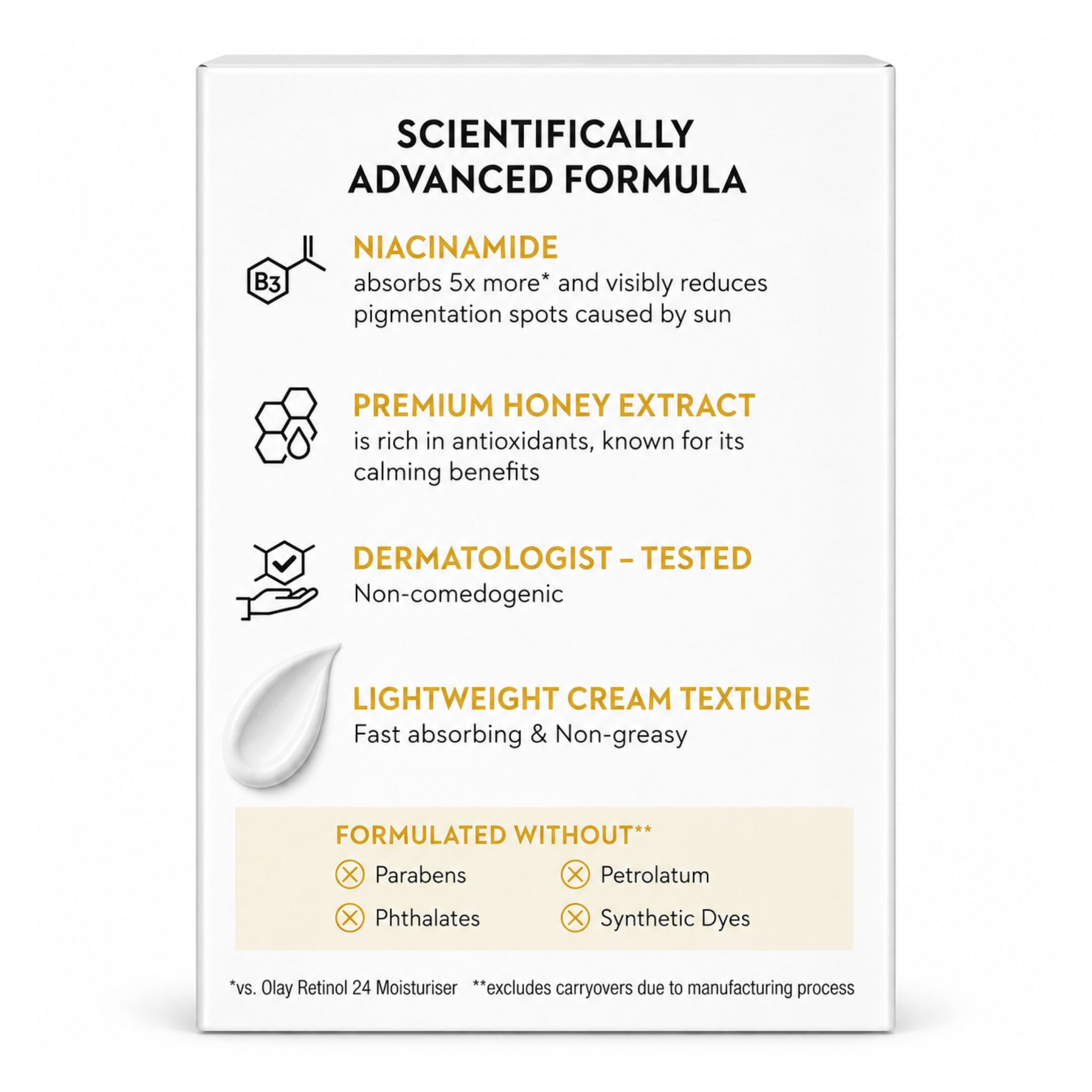 A white rectangular product box with black and yellow text, featuring skincare benefits such as niacinamide, premium honey extract, dermatologist-tested status, and lightweight cream texture.