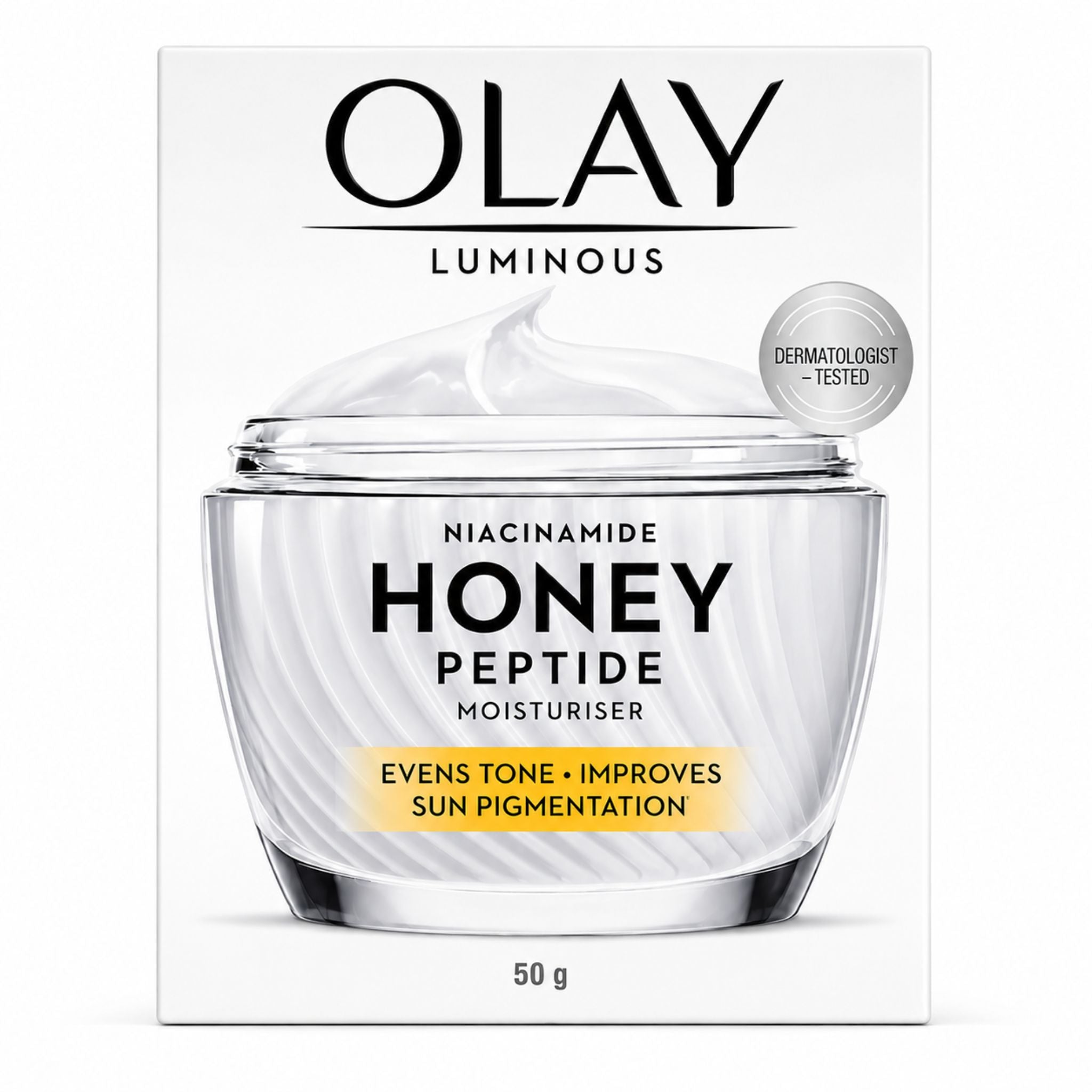 Olay Luminous Honey Peptide Moisturiser 50g jar packaging on a white background, showing the product jar with cream and a silver 'Dermatologist Tested' seal.