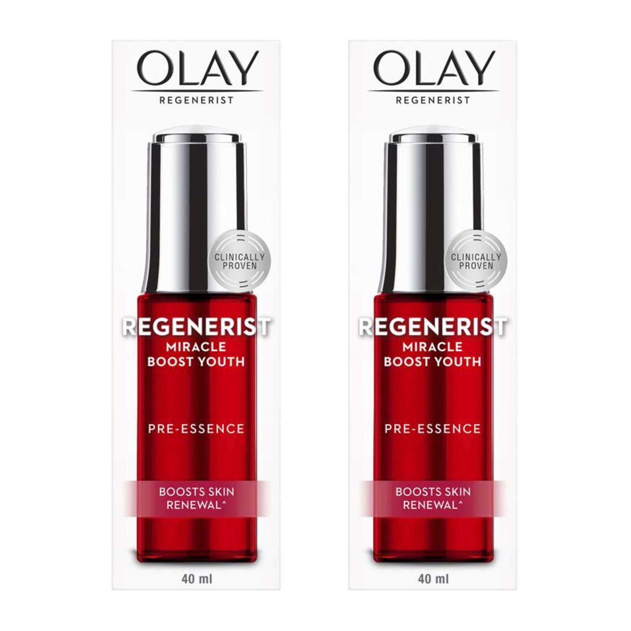 Front view of Olay Miracle Boost Youth Pre-Essence 40ml twin pack.
