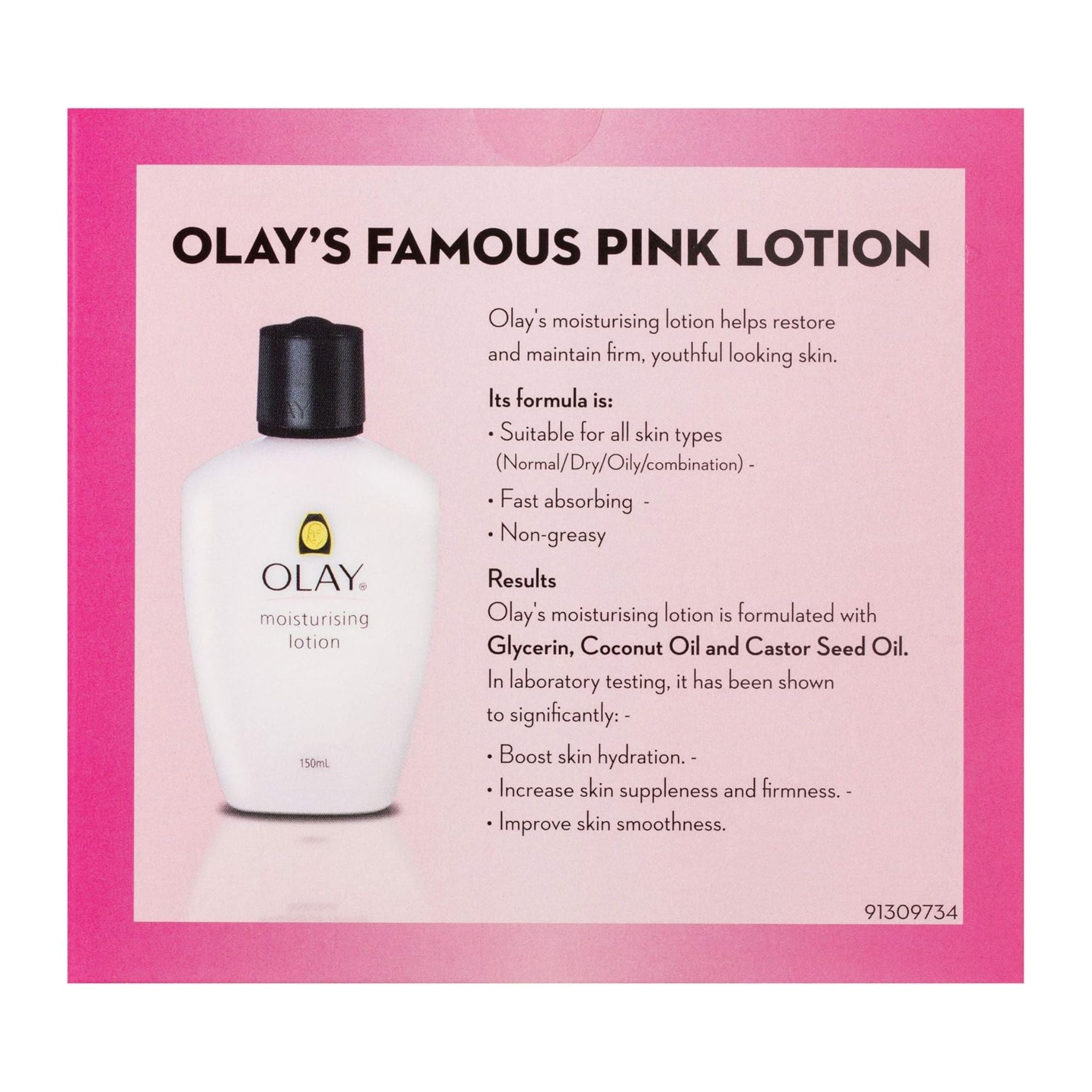 Olay moisturising lotion with product details on a pink background