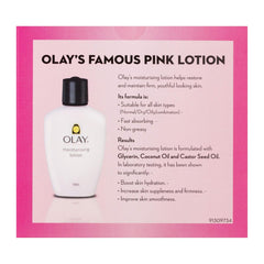 Olay moisturising lotion with product details on a pink background