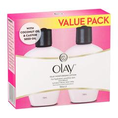 Olay moisturizing lotion value pack with coconut oil and castor seed oil on a pink background