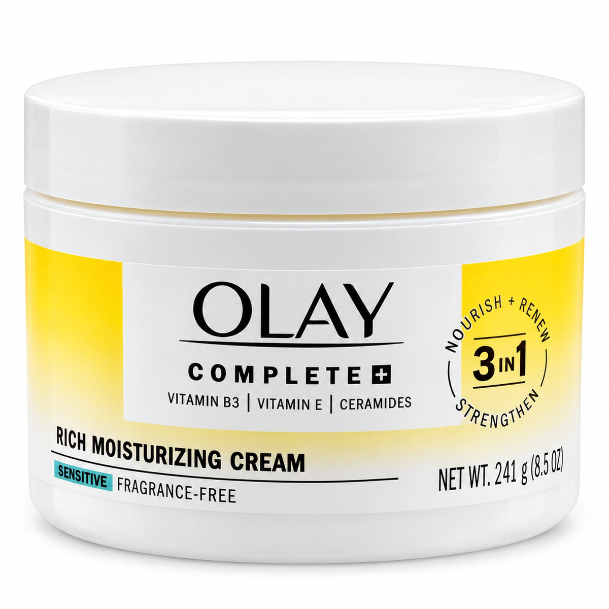 Front view of a 241g tub of Olay Complete+ Rich Moisturizing Cream Sensitive Fragrance-Free