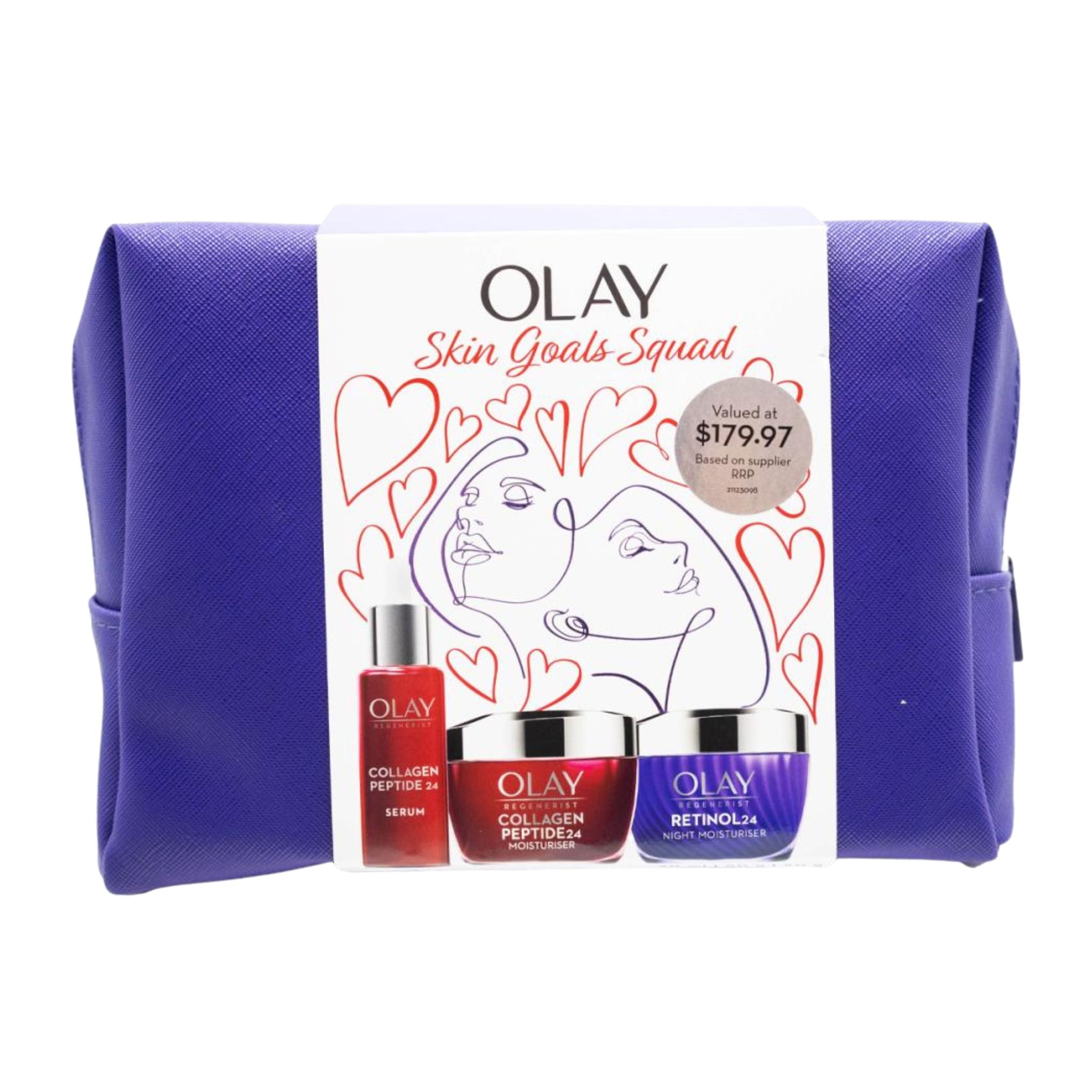 OLAY Skin Goals Squad set with three skincare products in a purple pouch on a white background