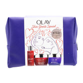 OLAY Skin Goals Squad set with three skincare products in a purple pouch on a white background