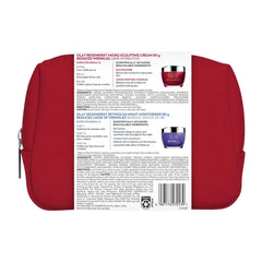 Red cosmetic bag with Olay Regenerist cream packaging on a white background