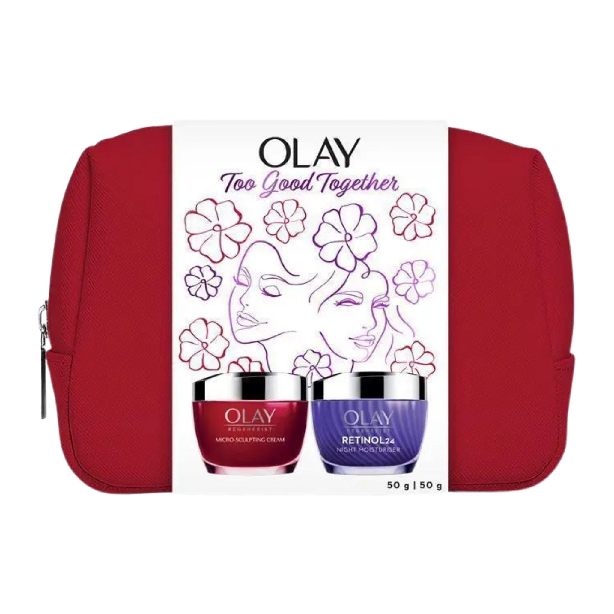 Olay skincare set with two jars and a red pouch on a white background