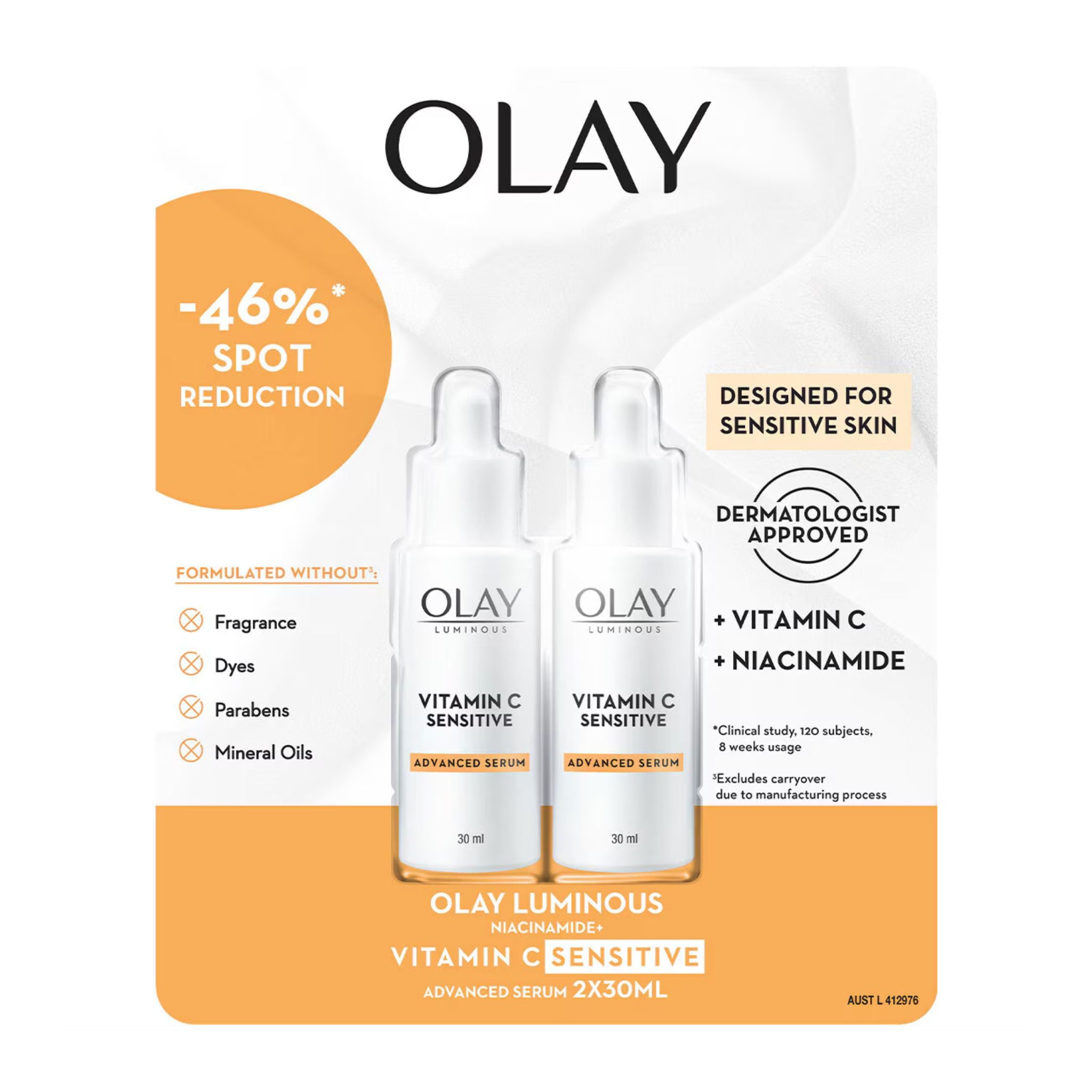 Front view of Olay Luminous Vitamin C Sensitive Serum 30ml bottle