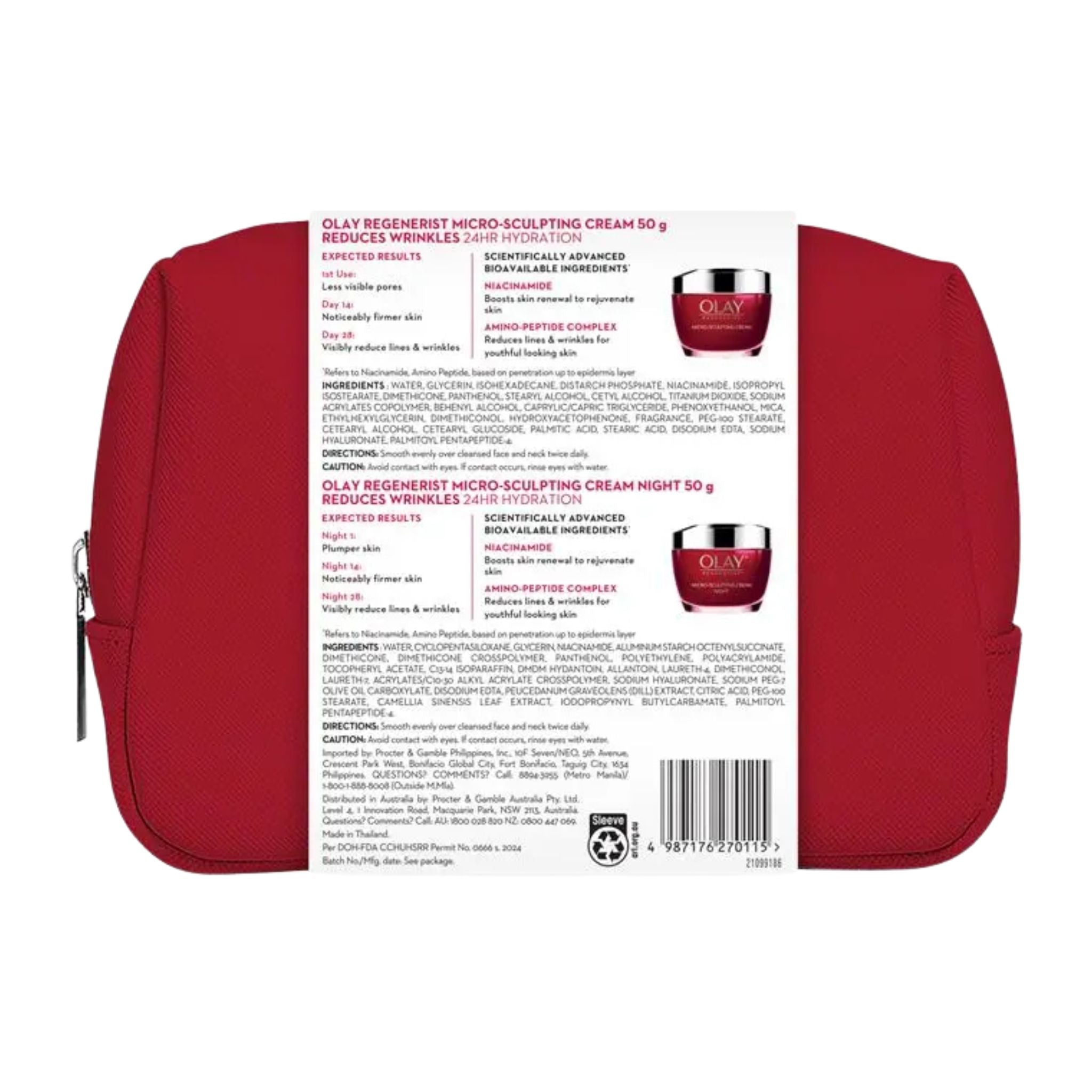 Red cosmetic bag with Olay Regenerist micro-sculpting cream packaging on a white background