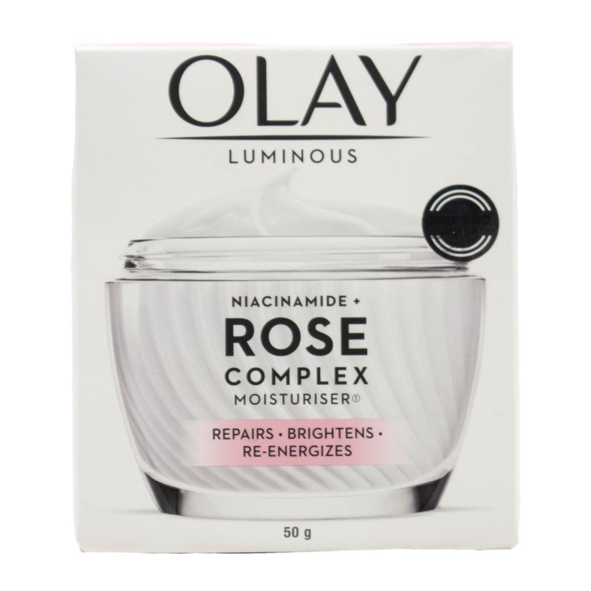 Front of Olay Luminous Niacinamide + Rose Complex Moisturiser 50 g jar