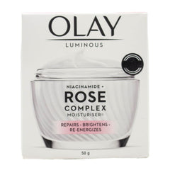Front of Olay Luminous Niacinamide + Rose Complex Moisturiser 50 g jar