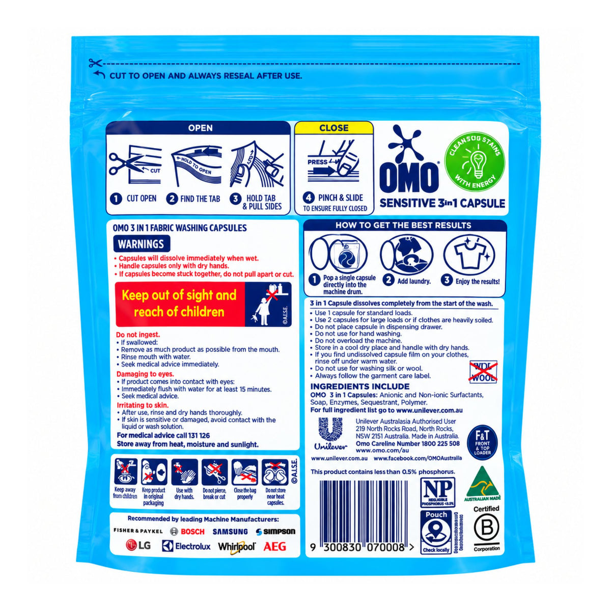 OMO Sensitive 3 in 1 Laundry Capsules 17 Count rear packaging details