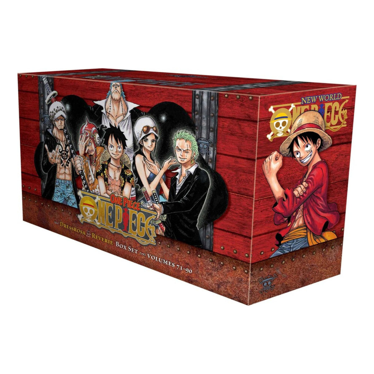 A collectible storage box for the One Piece 571-589 volumes, featuring colorful anime character illustrations on a red wooden plank design, set against a plain white background.