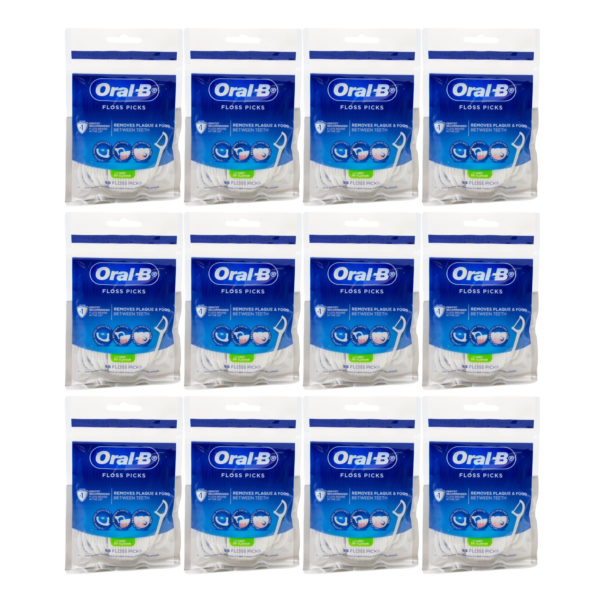 Multiple packages of Oral-B floss picks on a white background