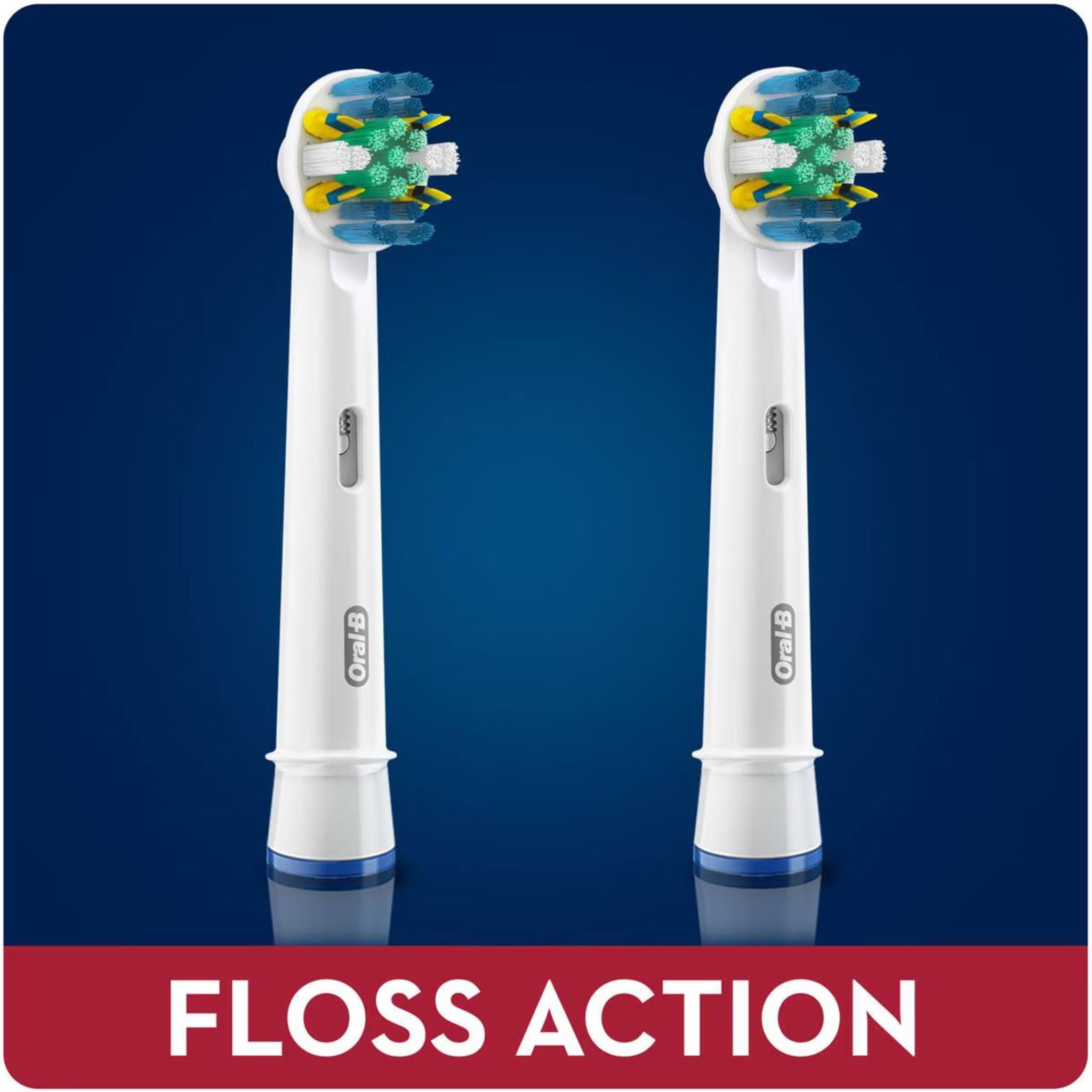 Two Oral-B Floss Action toothbrush heads on a blue background with 'Floss Action' text at the bottom.