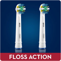 Two Oral-B Floss Action toothbrush heads on a blue background with 'Floss Action' text at the bottom.