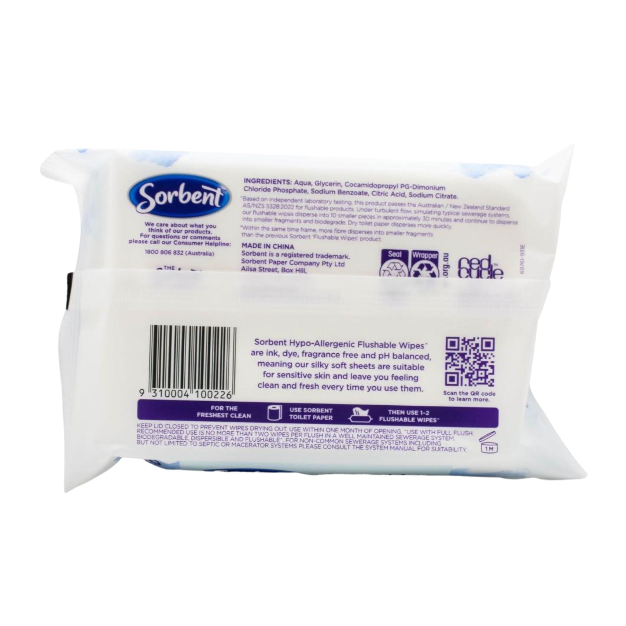 Package of Sorbent wipes with visible branding and text on a white background