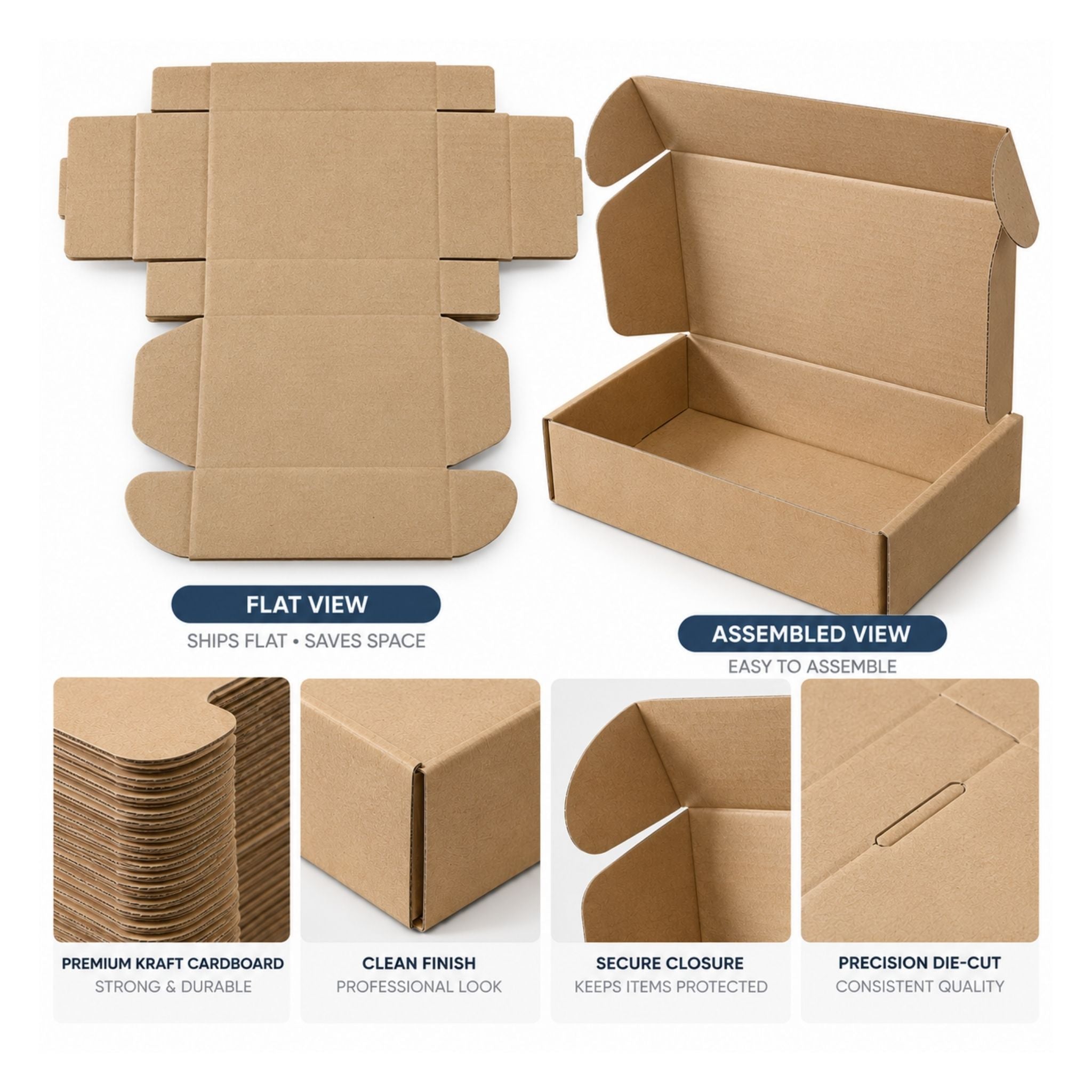 A product infographic showing a brown kraft cardboard shipping box in both flat and assembled states, with four feature callouts at the bottom: premium kraft cardstock, clean finish, secure closure, and precision die-cut.