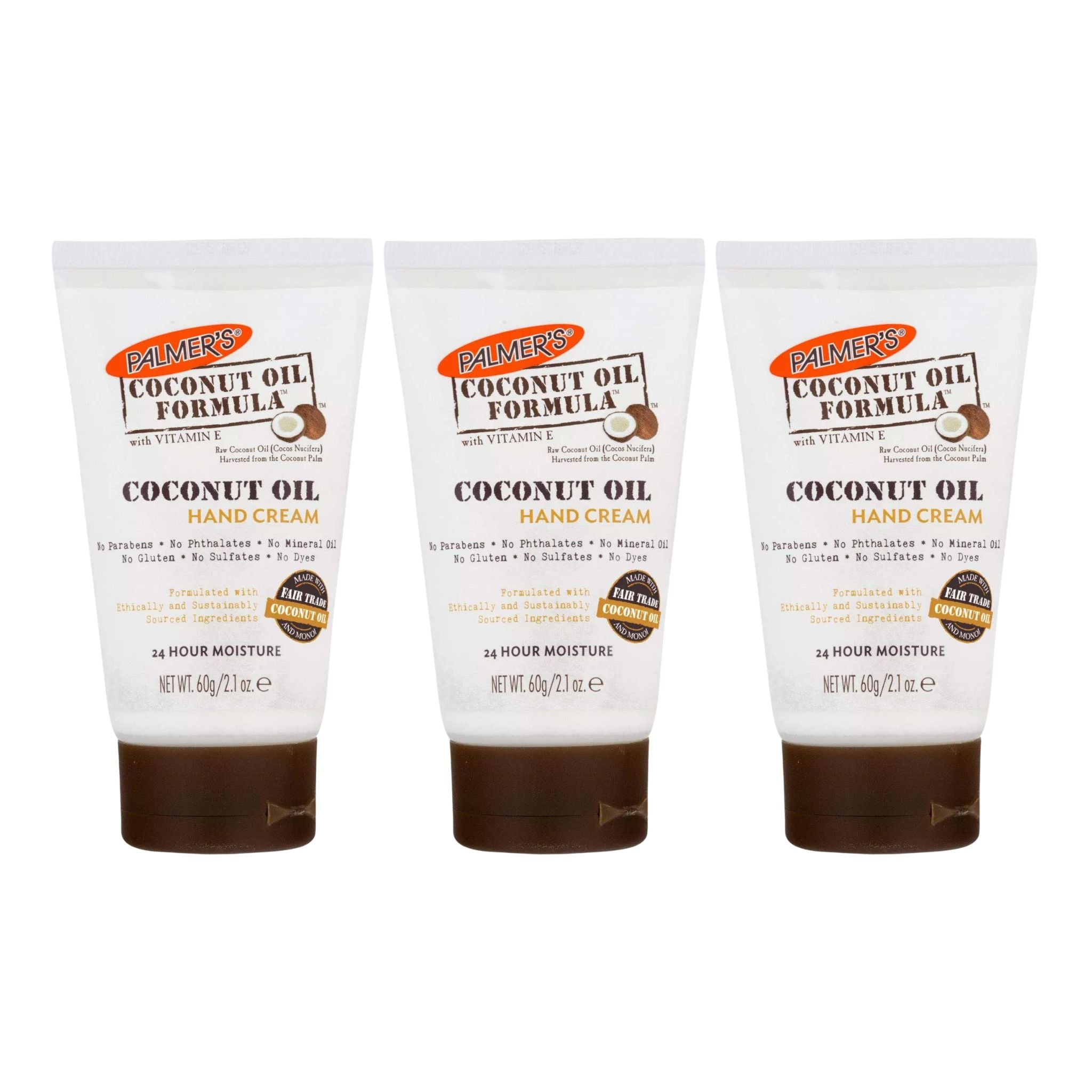 Three tubes of Palmer's Coconut Oil Formula hand cream on a white background