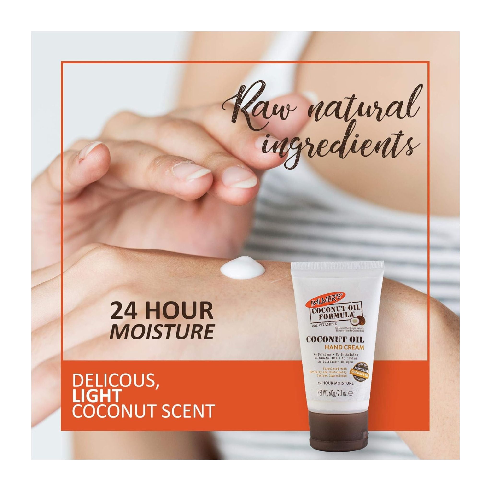 Hand cream with text highlighting ingredients, moisture benefits, and scent on a white background
