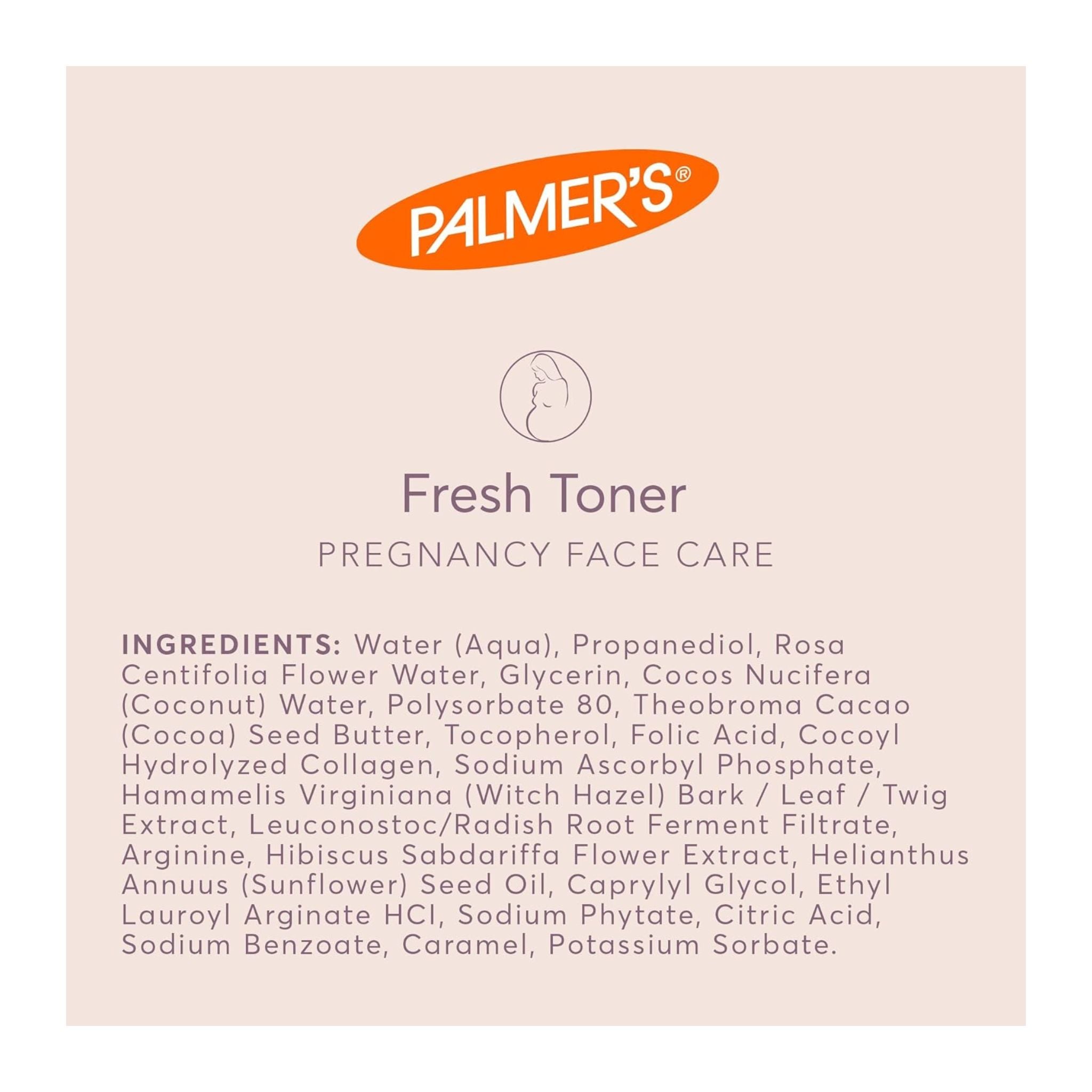 Palmer's Fresh Toner pregnancy face care product with ingredients list on a beige background