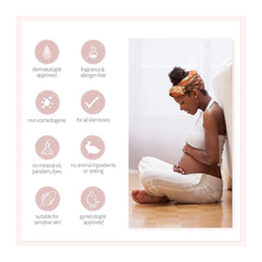 Pregnant woman sitting on the floor with product features listed on the left.