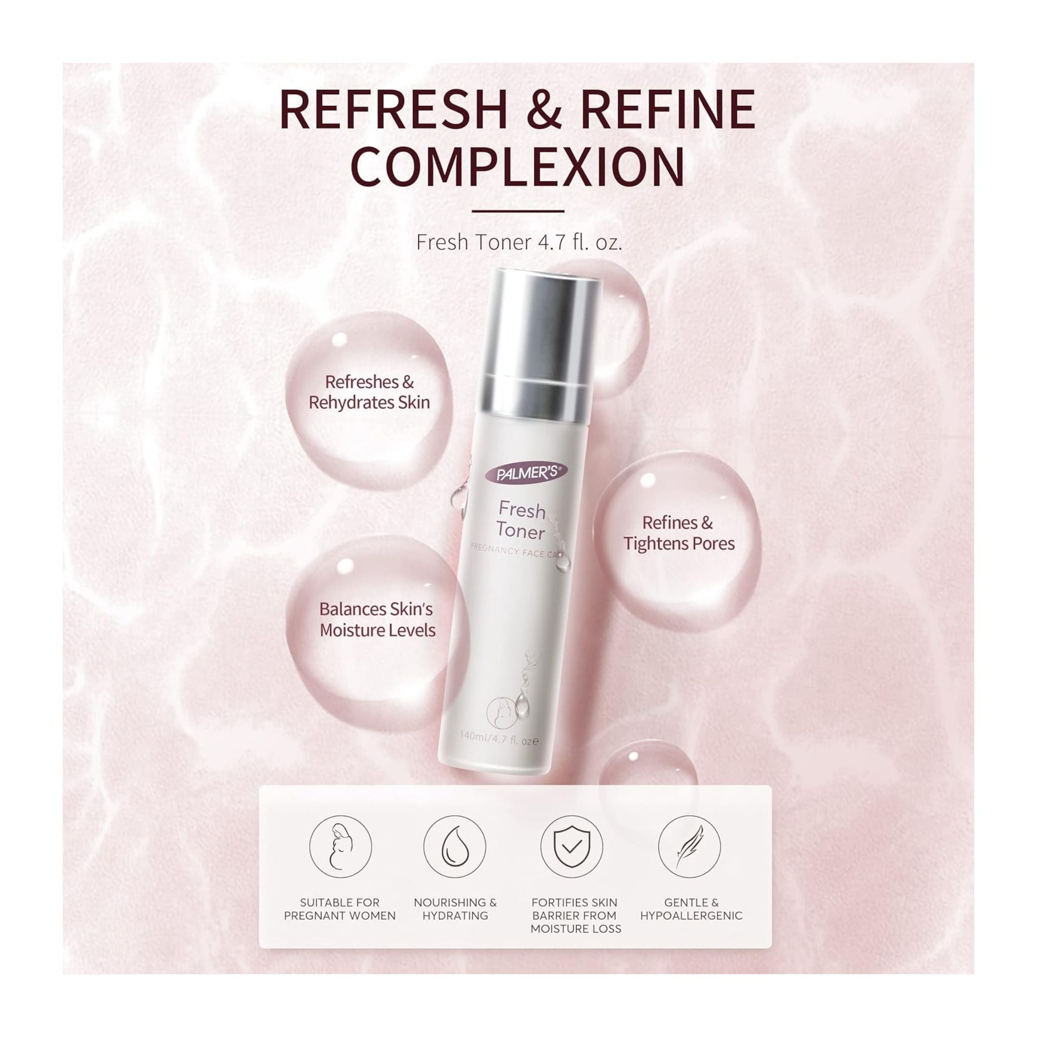 Skincare product packaging with 'Refresh & Refine Complexion' text on a pink background