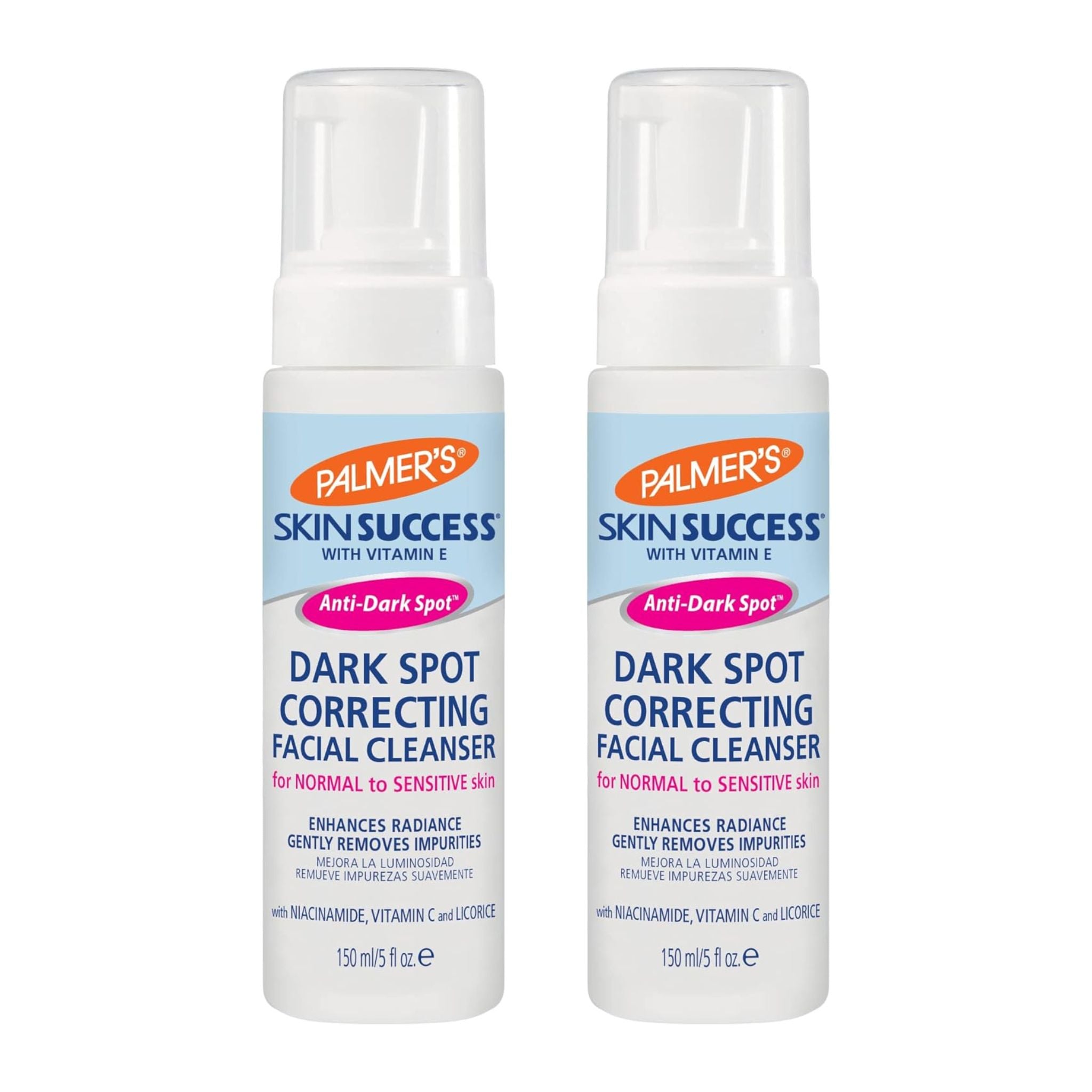 Two bottles of Palmer's Skin Success Dark Spot Correcting Facial Cleanser on a white background