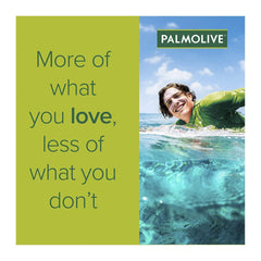 Palmolive advertisement with a person enjoying the beach and the slogan 'More of what you love, less of what you don't'.