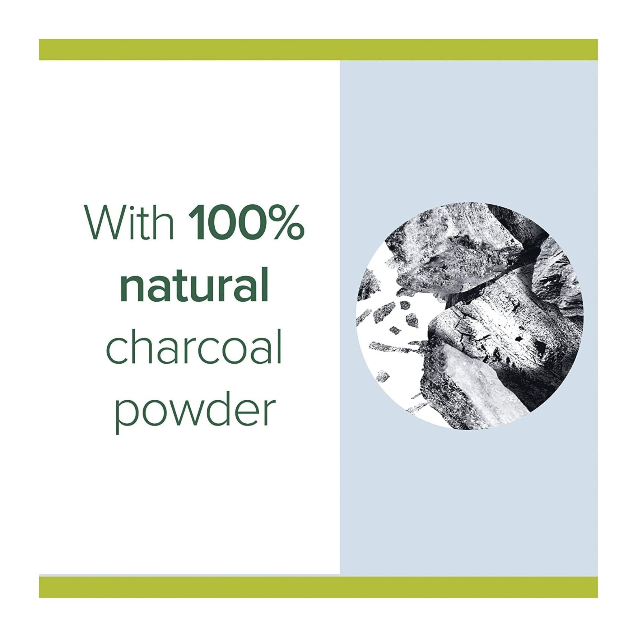 Product packaging with natural charcoal powder text and image on a light blue background