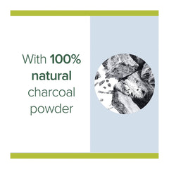 Product packaging with natural charcoal powder text and image on a light blue background