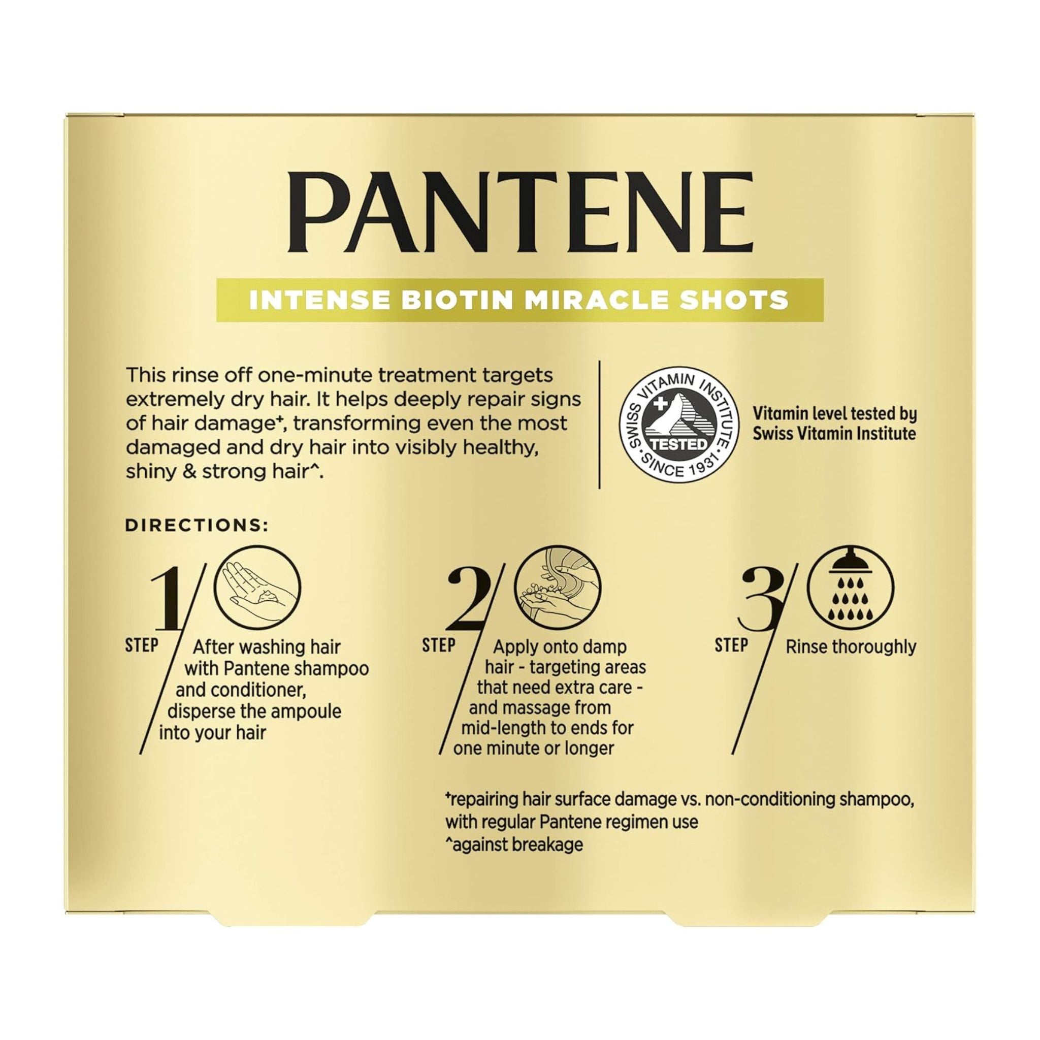Pantene Intense Biotin Miracle Shots packaging with directions on a white background