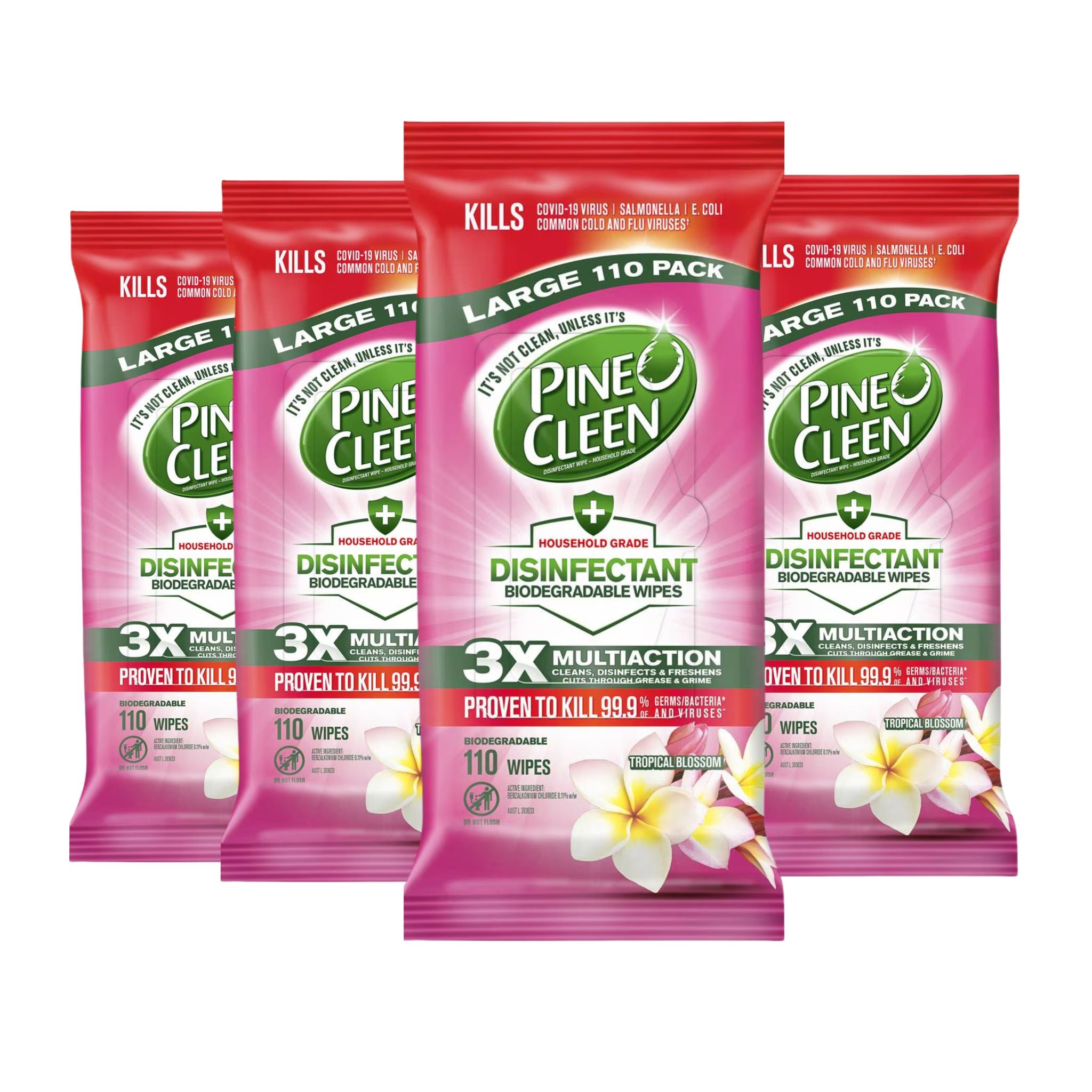 Four packages of Pine-Cleen disinfectant wipes on a white background