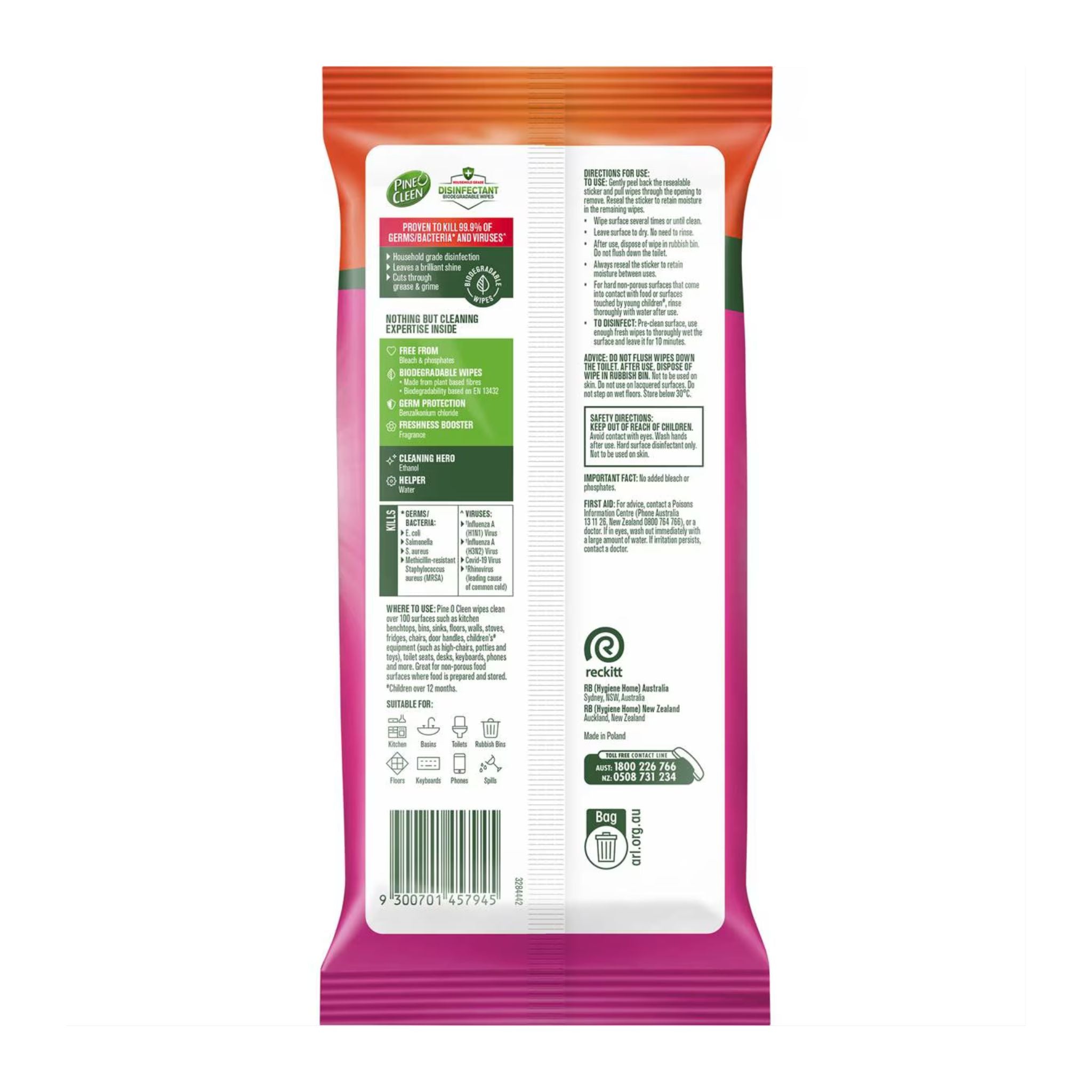 Back view of a yellow and red package with text and logos on a white background