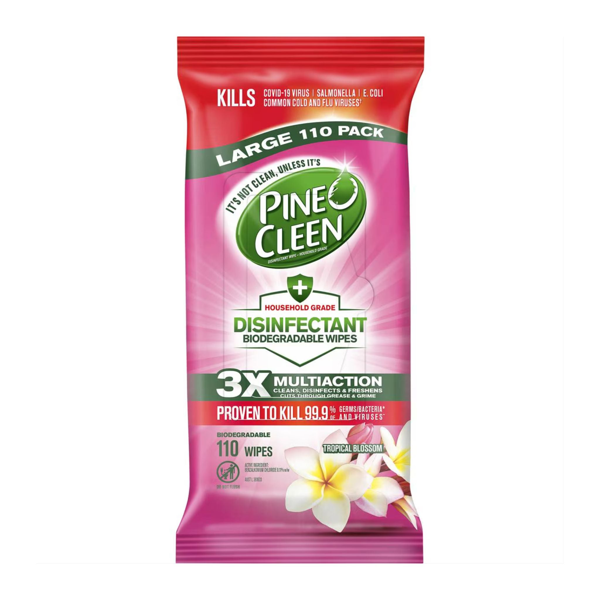 Pine-Cleen disinfectant wipes packaging with a floral design on a white background