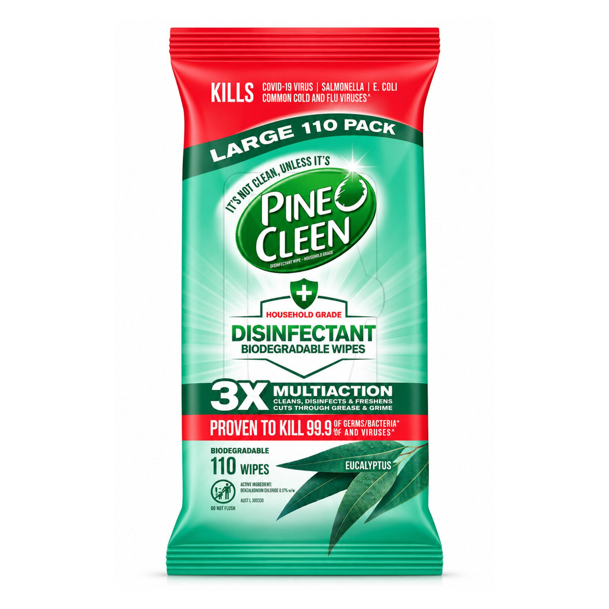 A package of Pine Cleen disinfectant wipes, Large 110 Pack, featuring a green and red design with a leaf graphic at the bottom, set against a plain white background.
