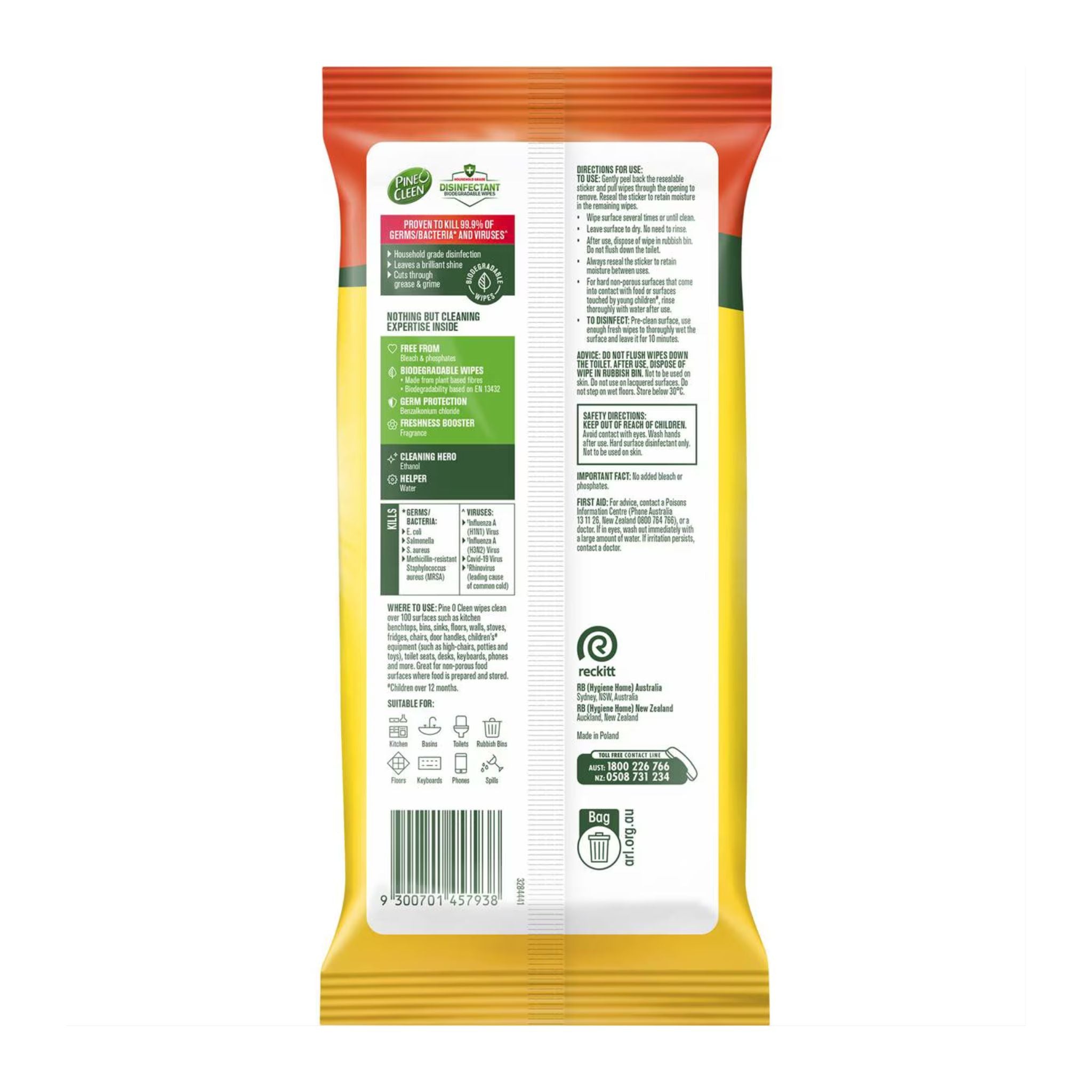 Back view of a yellow and red package with text and logos on a white background