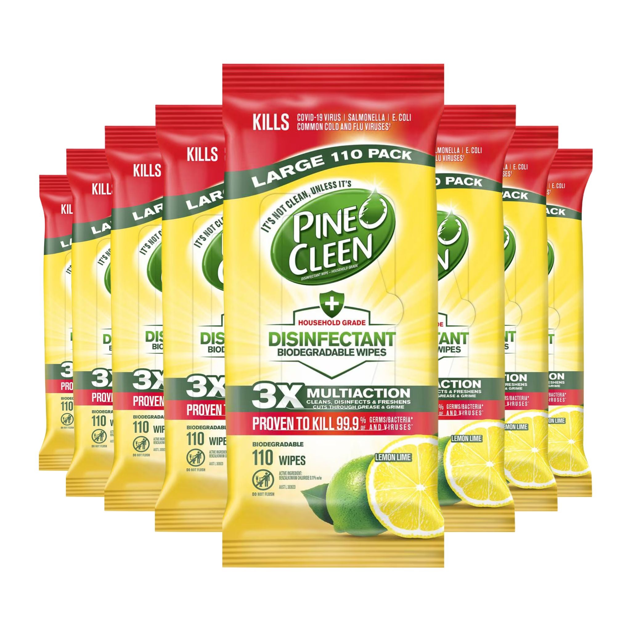 Multiple packages of Pine-Cleen disinfectant wipes on a white background