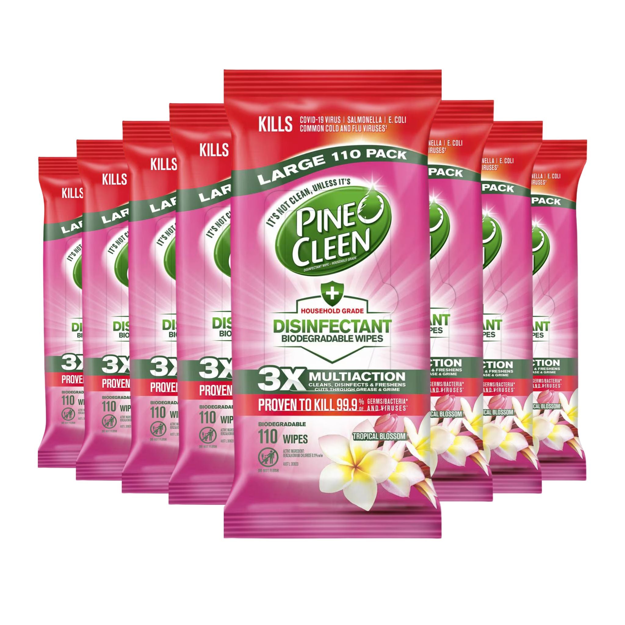 Multiple packages of Pine-Cleen disinfectant wipes on a white background
