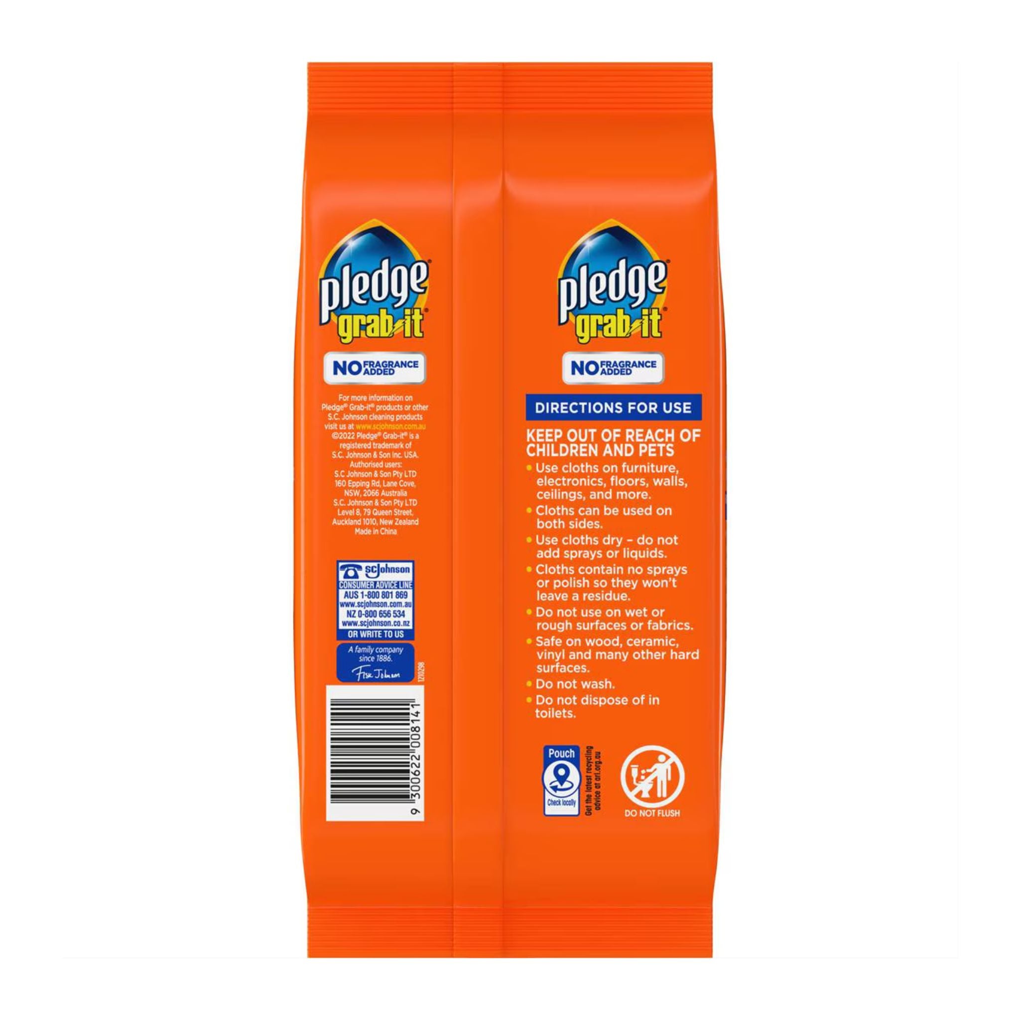 Back of Pledge Grab It cloth package with details