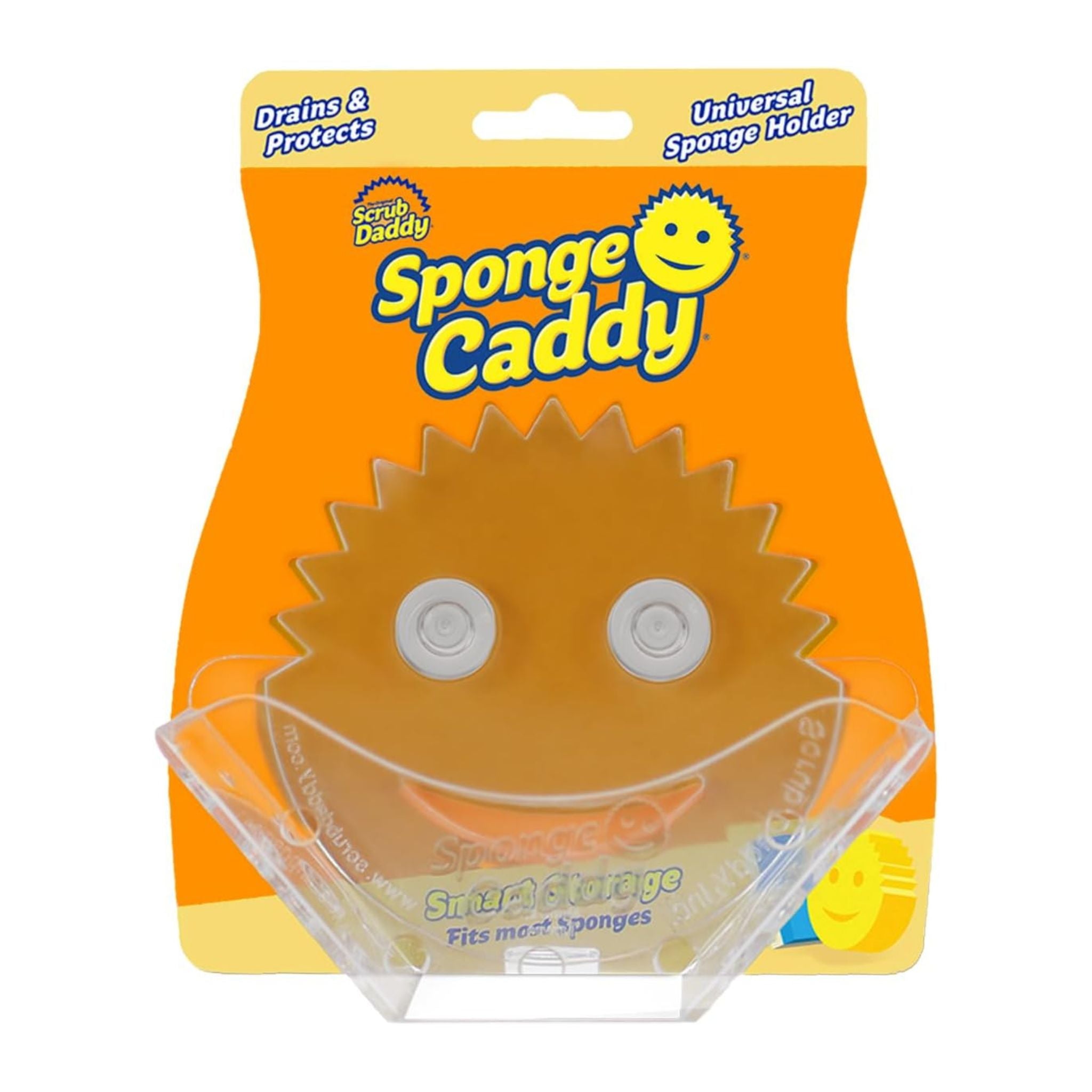 Sponge Caddy packaging with a smiley face design on an orange background