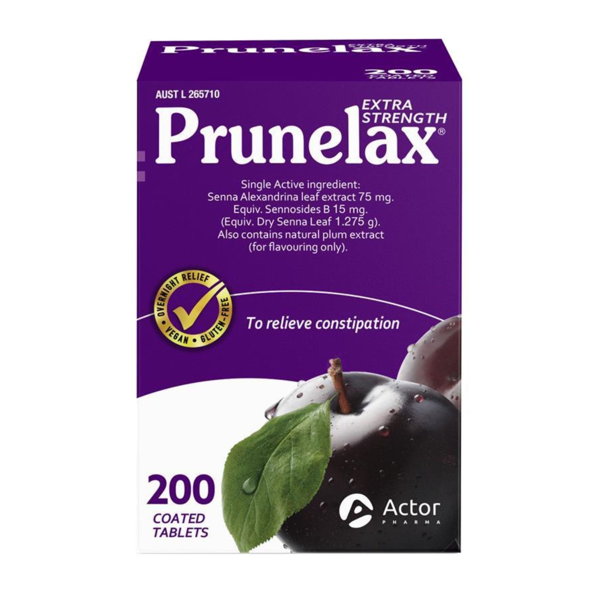 Front packaging view of Prunelax Extra Strength 200 Tablets