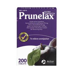 Product label showing Prunelax Extra Strength senna tablet ingredients and directions