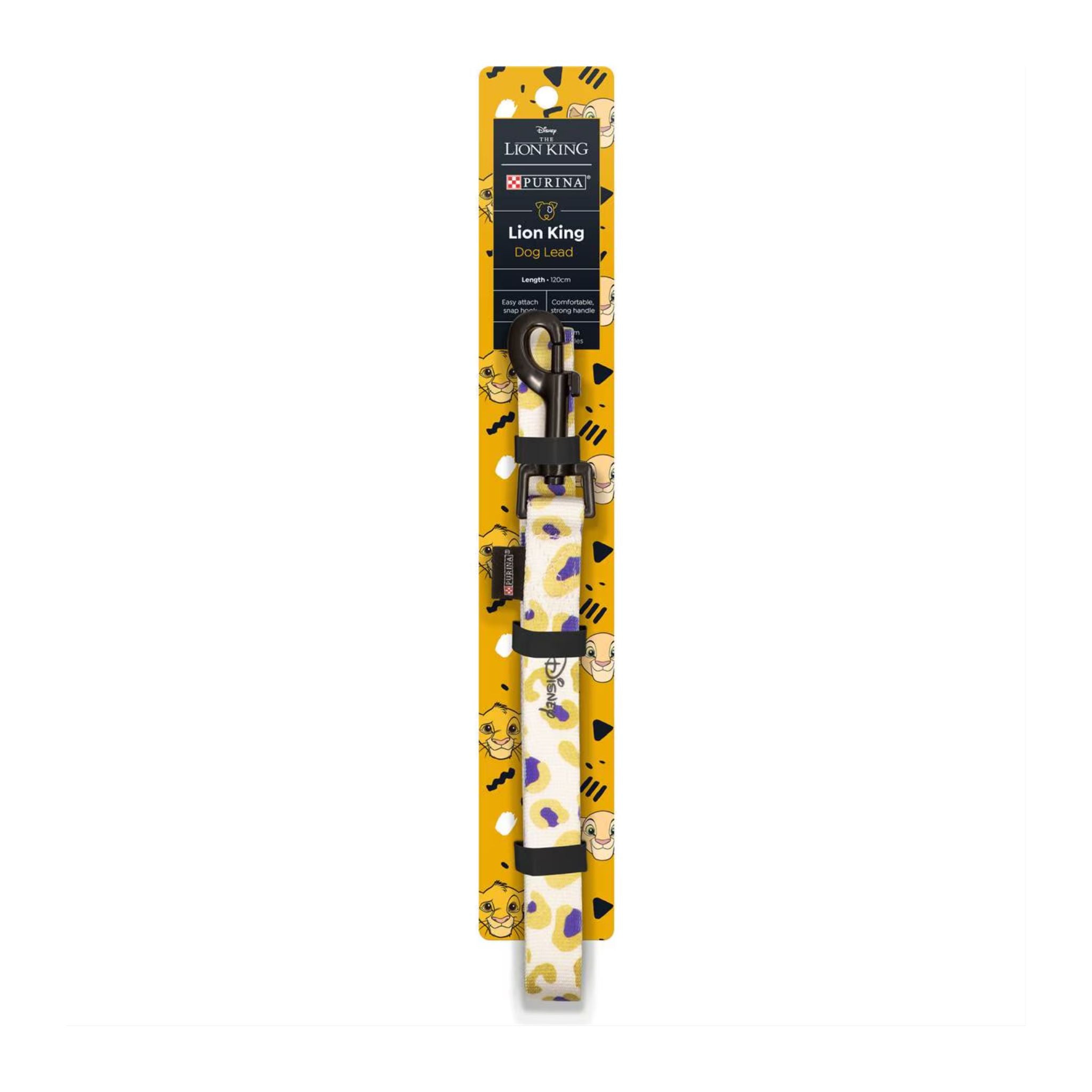 Showcase view of the Lion King Dog Lead in cream with purple paw print design